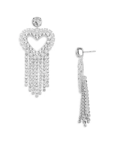 Aqua Salvo Rhinestone Heart Fringe Drop Earrings - Exclusive In Metallic
