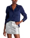 Aqua Satin Button Front Blouse - Exclusive In Navy
