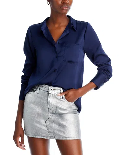 Aqua Satin Button Front Blouse - Exclusive In Navy