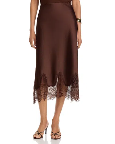 Aqua Satin Lace Trim Midi Skirt - Exclusive In Brown