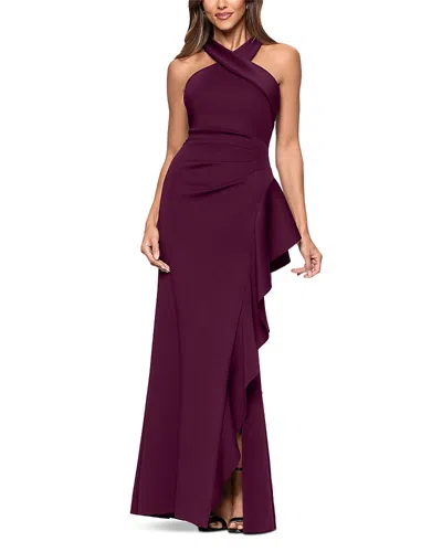 Aqua Scuba Ruffle Halter Gown - Exclusive In Burgundy