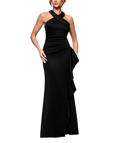 Aqua Scuba Ruffle Halter Gown - Exclusive In Black