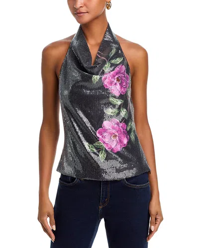 Aqua Sequin Floral Halterneck Top - Exclusive In Black