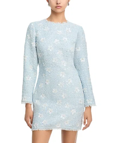 Aqua Sequin Tweed Mini Long Sleeve Dress - Exclusive In Blue