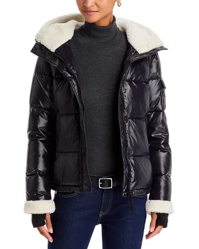 Aqua Sherpa Trim Hooded Gloss Puffer Coat - Exclusive In White