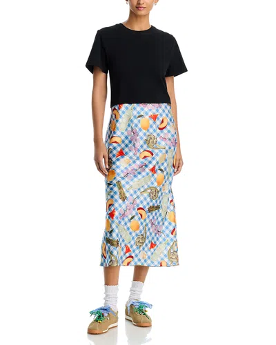 Aqua Short Sleeve Bias Satin Skirt T-shirt Dress - Exclusive In Multi