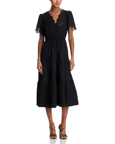 Aqua Short Sleeved Lace V Neck Midi Dress - Exclusive In Black