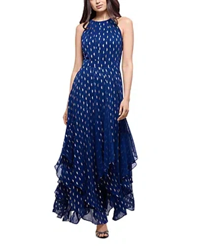 Aqua Sleeveless Metallic Moon Print Dress In Light Navy/gold