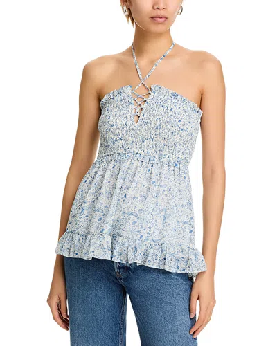 Aqua Smocked Floral Print Top - Exclusive In Blue/ivory