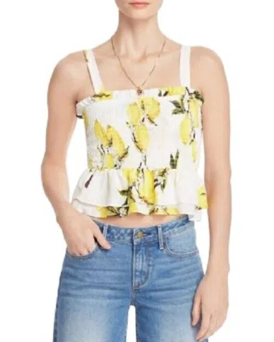 Aqua Smocked Lemon Print Strappy Crop Top In White