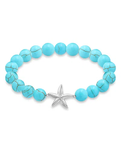 Aqua Starfish Charm Gemstone Beaded Stretch Bracelet In Sterling Silver - Exclusive In Blue/silver