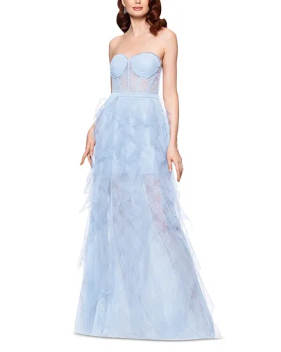 Aqua Strapless Lace Tulle Ruffle Gown - Exclusive In Blue