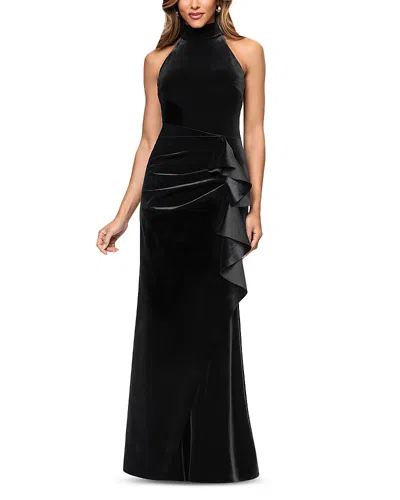 Aqua Stretch Velvet Mock Neck Gown In Black