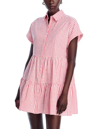 Aqua Stripe Mini Shirt Dress - Exclusive In Coral/white