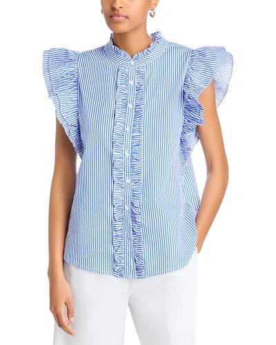 Aqua Stripe Poplin Ruffle Top - Exclusive In Blue/white