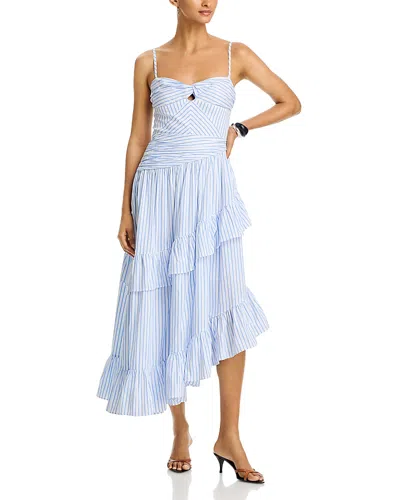Aqua Stripe Ruffle Asymmetrical Midi Dress - Exclusive In Blue