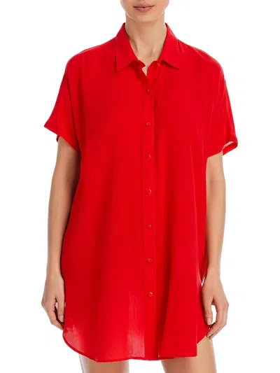 Aqua Swim Womens Collar Batwing Sleeve Button-down Top In Red