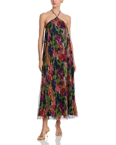 Aqua The White Lotus X  Metallic Knit Pleat Floral Halter Midi Dress - Exclusive In Multi