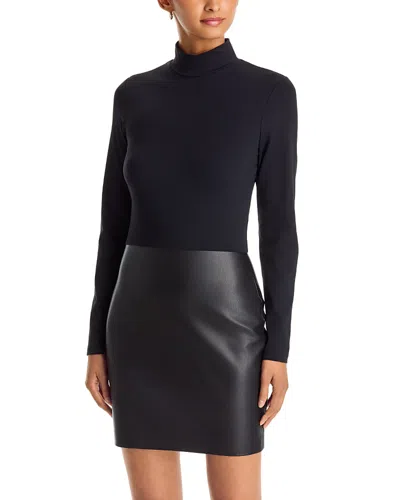 Aqua Turtleneck Mixed Media Faux Leather Dress In Black