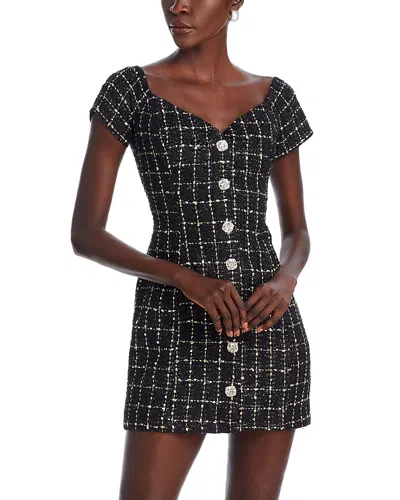 Aqua Tweed Crystal Button Mini Dress - Exclusive In Black