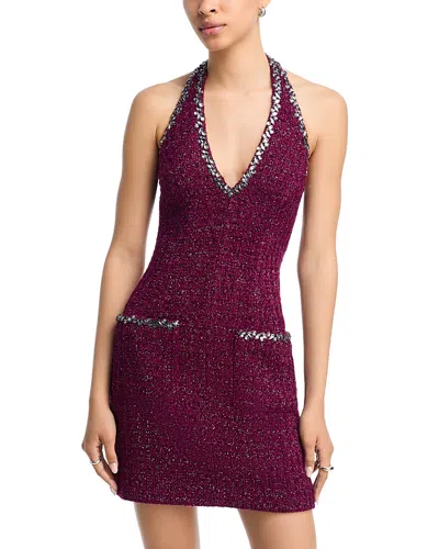Aqua Tweed Halter Mini Dress In Burgundy