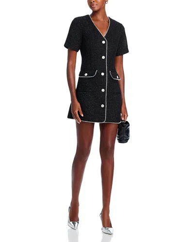 Aqua Tweed Lace Trim Short Sleeve Dress - Exclusive In Black/black