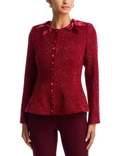 Aqua Tweed Peplum Hem Velvet Bow Jacket - Exclusive In Red