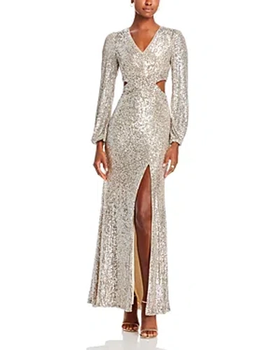 Aqua V Neck Long Sleeve Cutout Sequin Dress - 100% Exclusive In Nude/silver