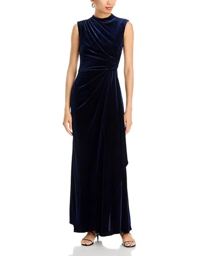 Aqua Velvet Side Ruched Sleeveless Gown - Exclusive In Blue