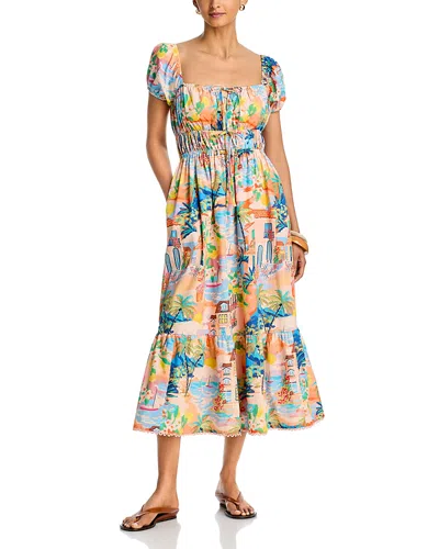 Aqua Villa Print Puff Sleeve Midi Dress - Exclusive In Multi