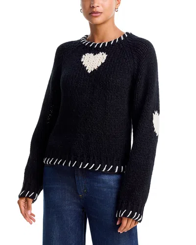 Aqua Whipstitched Heart Trim Crewneck Sweater - Exclusive In Black