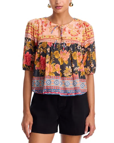 Aqua Willow Floral Border Elbow Sleeve Top - Exclusive In Multi