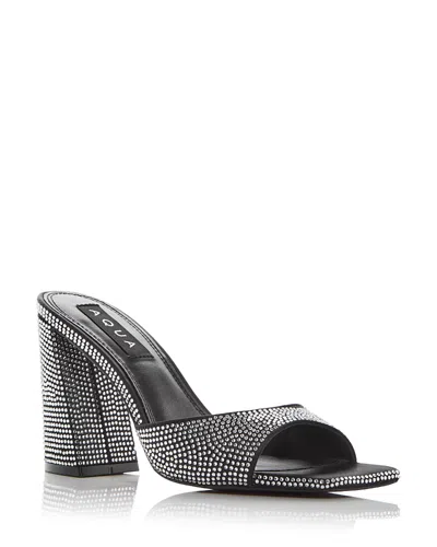 Aqua Women's Daisy Embellished Block Heel Mules In Black Satin