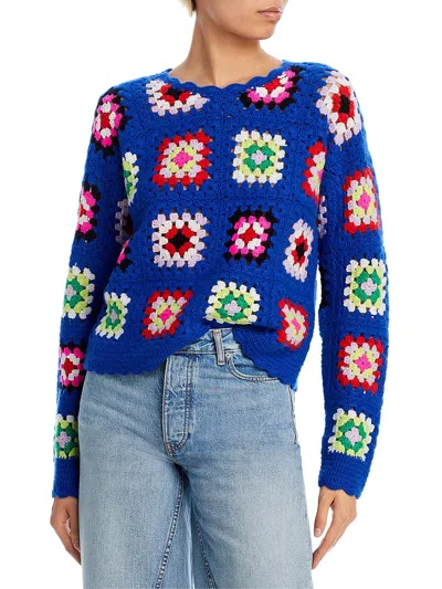 Aqua Womens Cashmere Crochet Crewneck Sweater In Multi