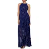 Aqua Metallic Crescent Chiffon Ruffle Gown - Exclusive In Midnight/silver