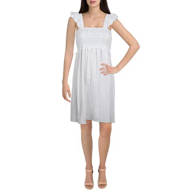 Aqua Womens Eyelet Smocked Mini Dress In White