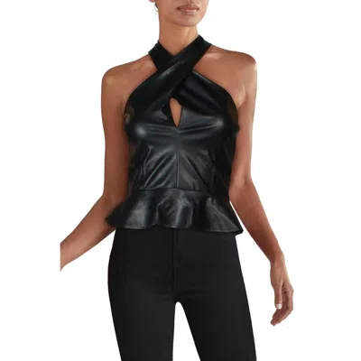 Aqua Womens Leather Ruched Halter Top In Black