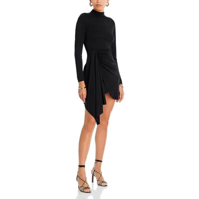 Aqua Long Sleeve Jersey Mock Neck Wrap Skirt Dress - Exclusive In Black