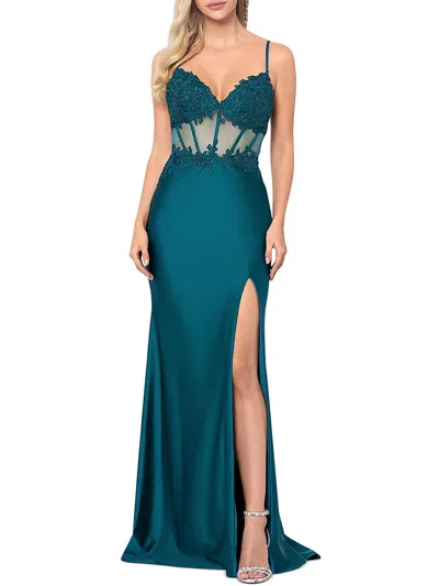 Aqua Womens Sateen Embellished Evening Dress In Blue