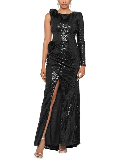 Aqua Womens Sequined One Shoulder Evening Dress In Black