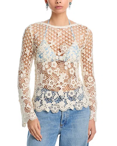 Aqua X Ava Phillippe Crochet Boat Neck Bell Sleeve Top - Exclusive In White
