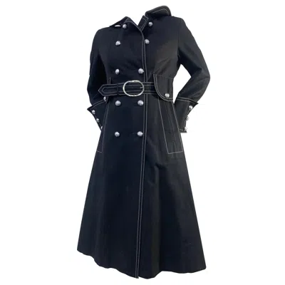 Pre-owned Aquascutum 1960 Black Canvas Belted Trenchcoat W/ White Topstitching & Insignia Buttons