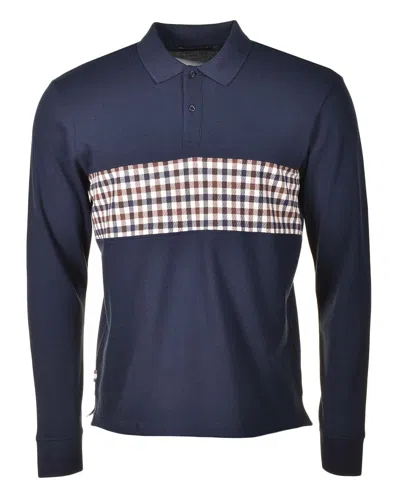 Aquascutum Active Club Check Insert Long Sleeve Polo In Blue