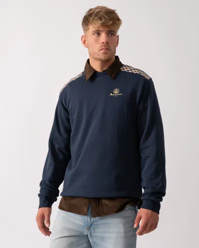 Aquascutum Mens Club Check Shoulder Crew Neck Fleece Sweatshirt In Blue