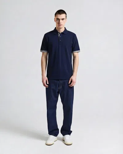 Aquascutum Mens Club Check Stretch Piquet Sleeves Polo Shirt In Blue