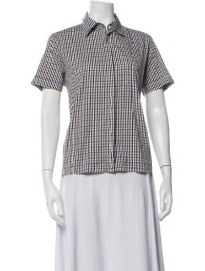 Pre-owned Aquascutum Plaid Print Short Sleeve Button-up Top In White
