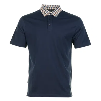 Aquascutum Short Sleeve Club Check Collar Polo Navy In Blue