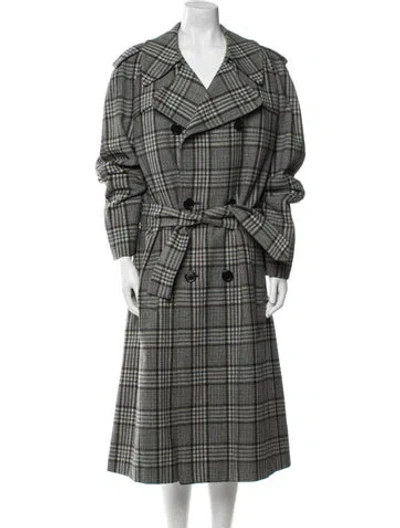 Pre-owned Aquascutum Virgin Wool Plaid Print Trench Coat In Green
