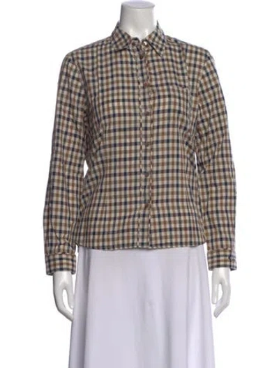 Pre-owned Aquascutum Wool Plaid Print Button-up Top In Blue