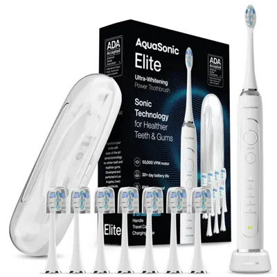 Aquasonic Elite Rechargeable Electric Toothbrush With 8 Brush Heads & Travel Case - White